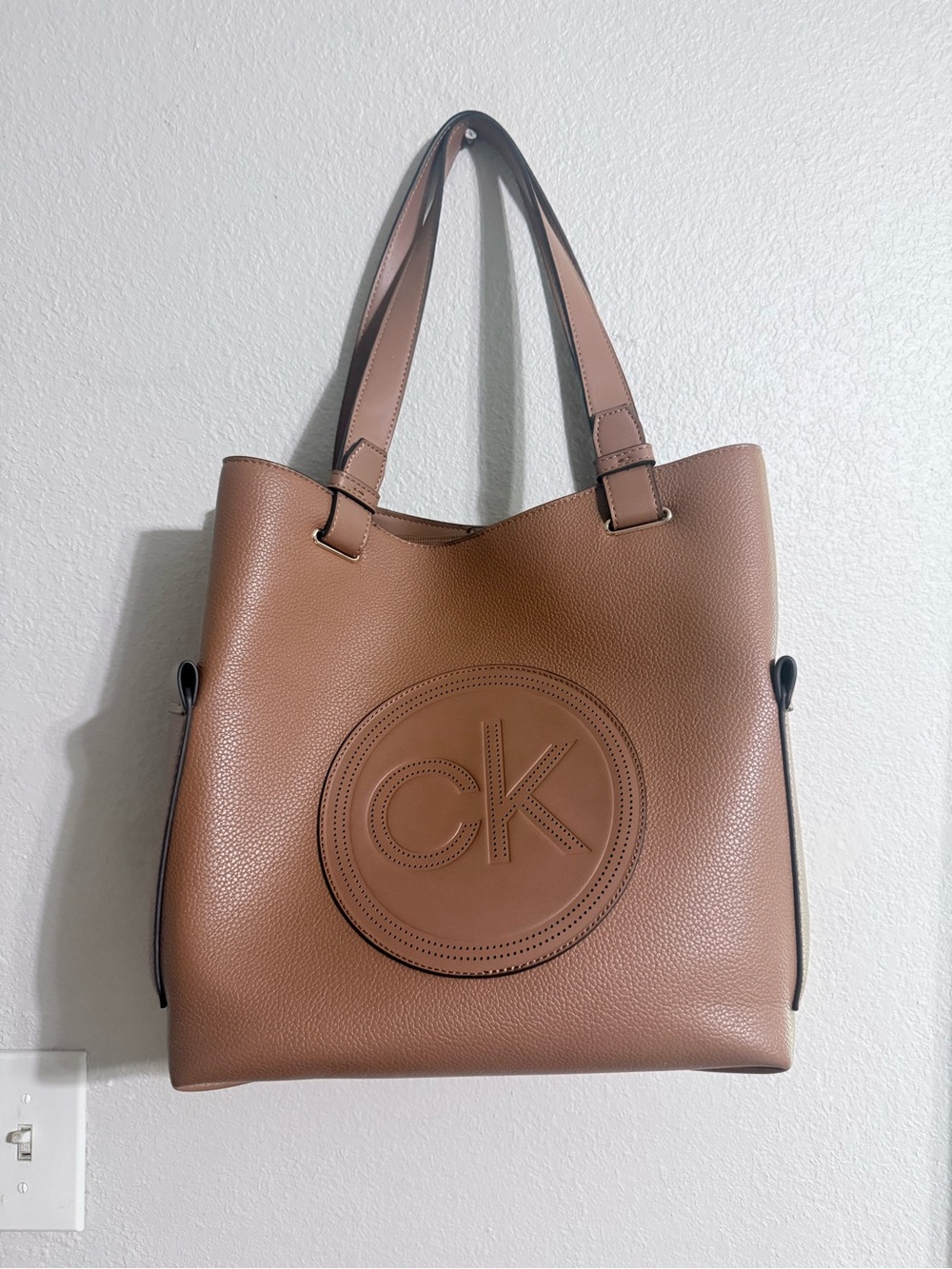 Calvin Klein Tan Pebble Leather Tote with Embossed CK Emblem